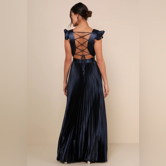 Lulu’s Exceptional Drama Navy Blue Satin Lace-Up Pleated Maxi Dress - Picture 2 of 3